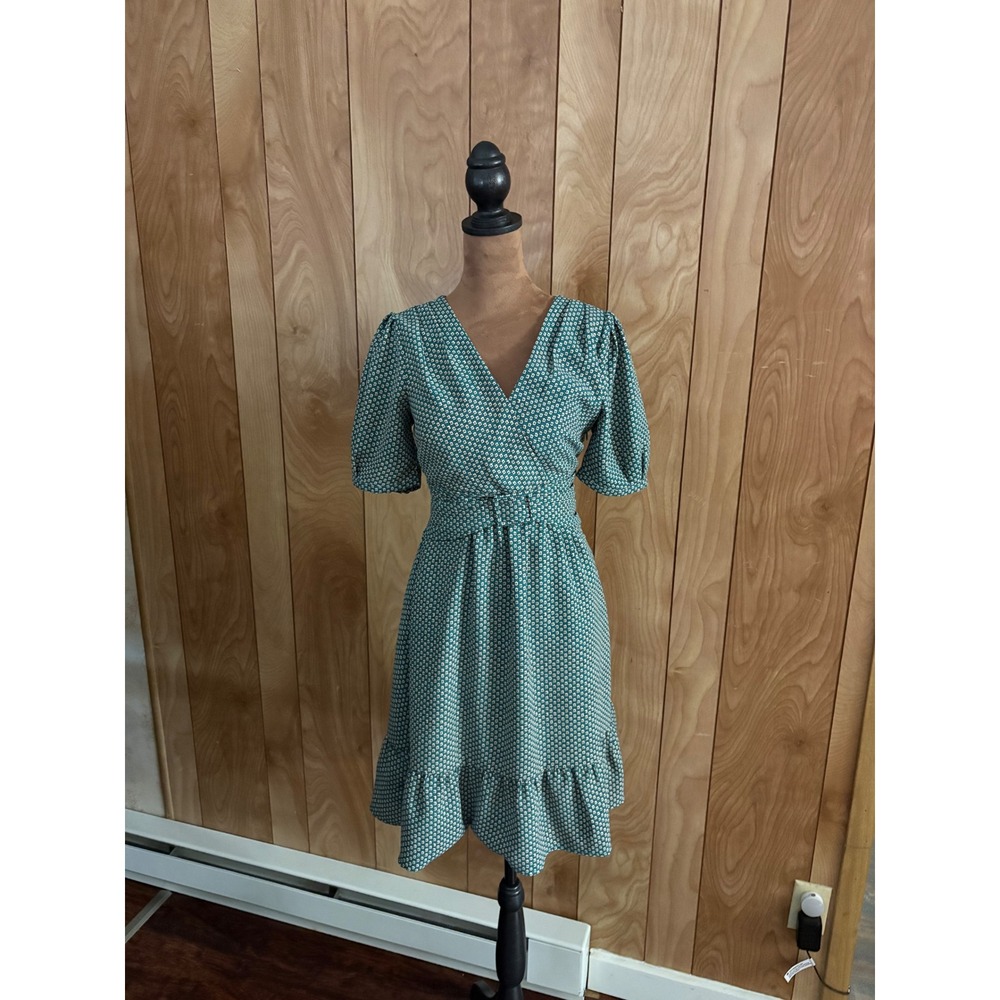 Maeve Anthropologie Teal Green Geometric Puff Sleeve Faux Wrap Ruffle Dress Sz 0